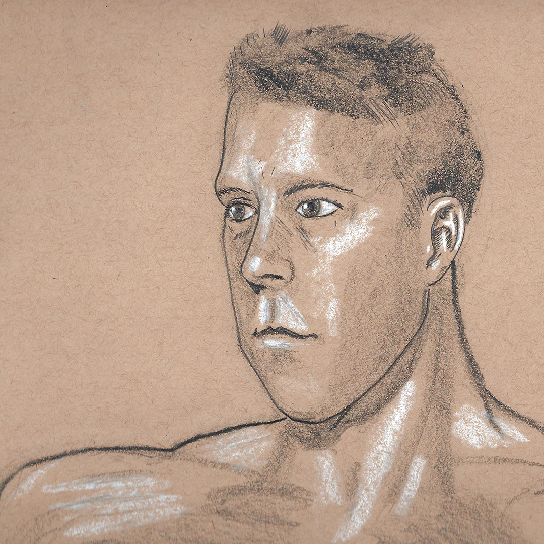 A toned tan paper drawing of a young man’s head and upper torso, rendered in graphite and white chalk. The figure gazes slightly to the left with a serious, contemplative expression. The use of white chalk highlights areas on the cheekbones, forehead, shoulder, and collarbone, creating a strong sense of light and form. The background is left blank to emphasize the figure’s presence.