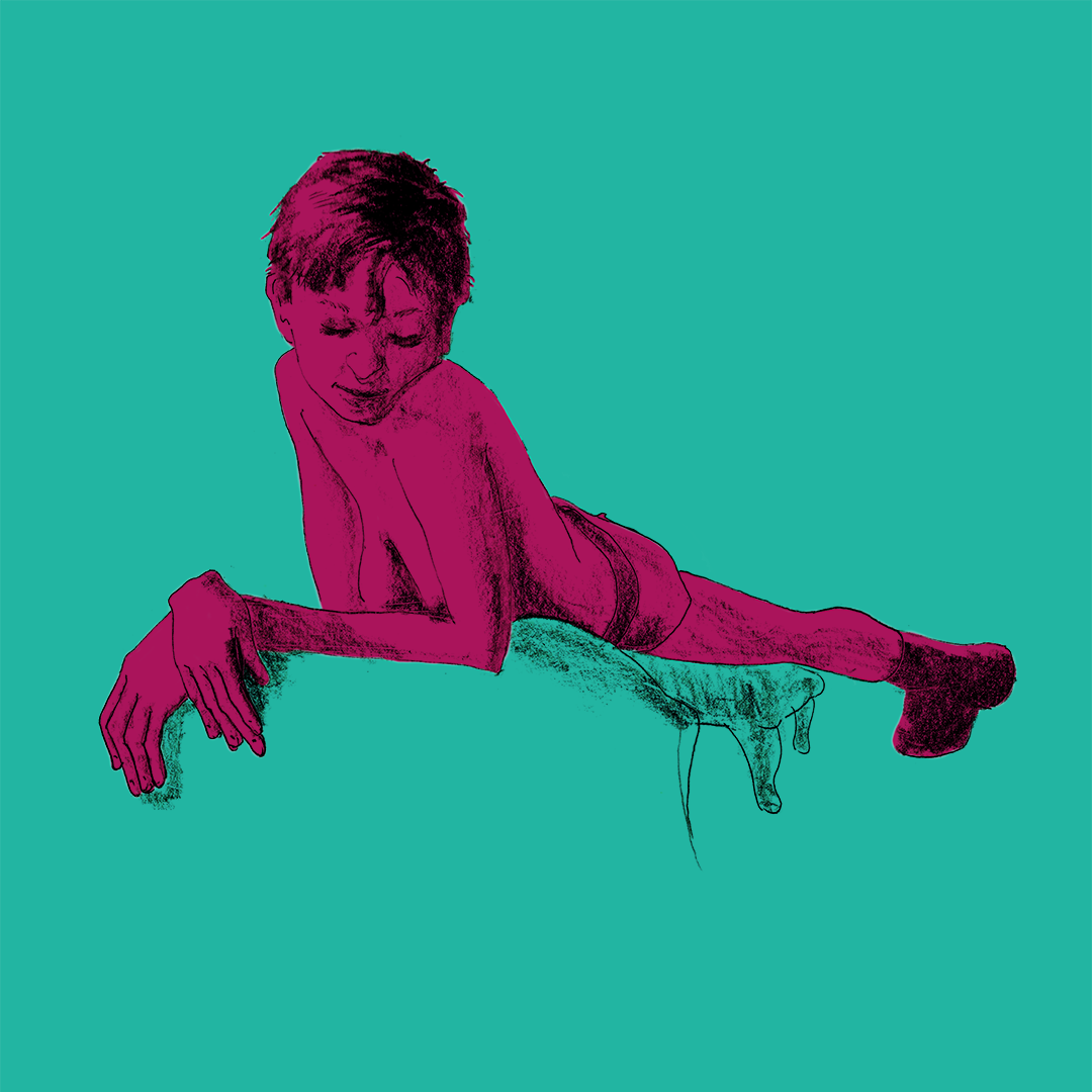 Stylized digital illustration of a reclining figure, based on a life drawing. The subject is a young person with short hair, shown shirtless and wearing briefs, leaning forward on a bench or cushion with both arms draped over the front. The figure is rendered in dark magenta tones, while the bench and background are in contrasting teal. The drawing combines naturalistic pencil textures with bold, graphic color blocking.